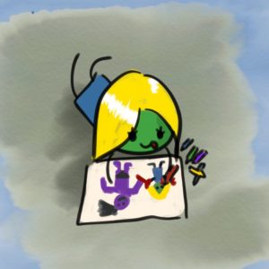 Erika malt mit Wachsmalstiften ein Bild von sich und dem Troll, dem sie geholfen hat